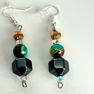 Hematite and Glass Bead Earrings Clear AB crystal Glass accents Handmade 3476 P